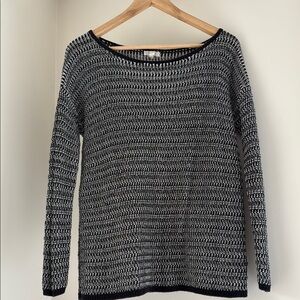 Black and White Crew Neck Sweater with Open Knit Texture